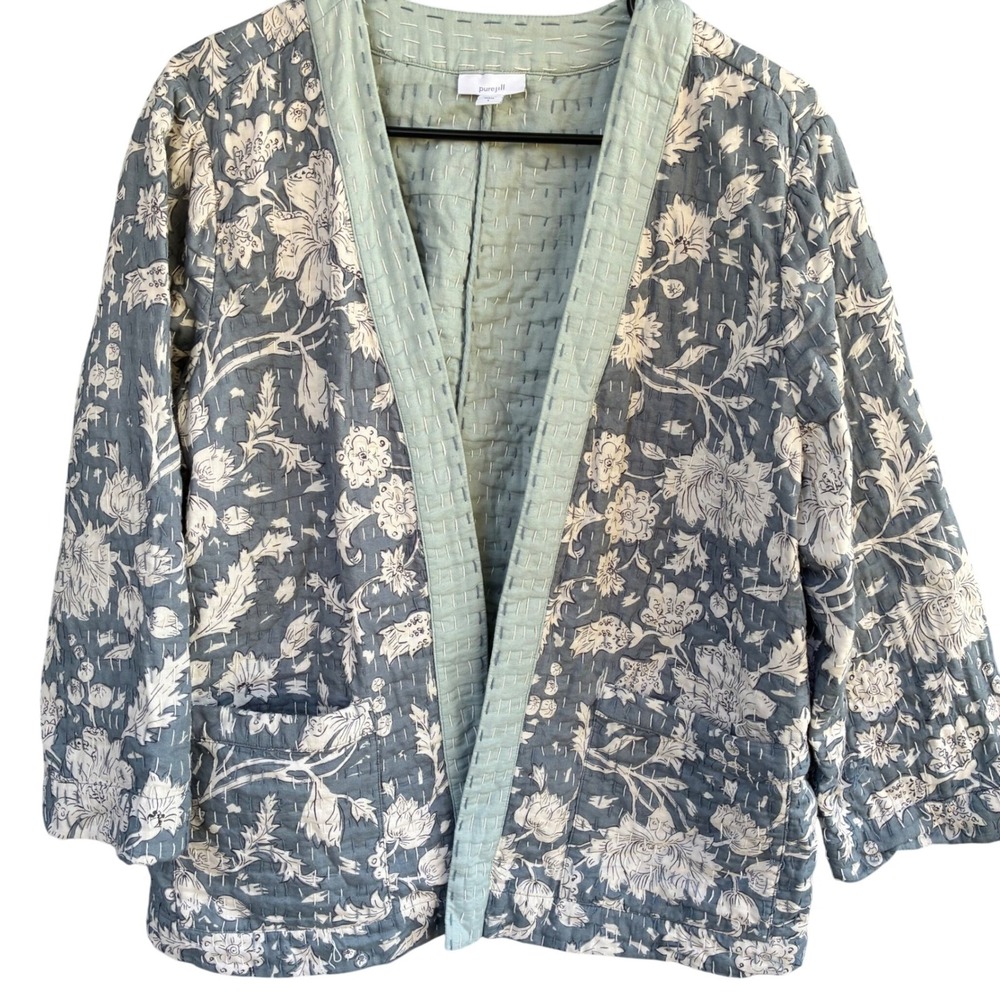 Pure Jill Quilted Floral Kimono Jacket Blue Boho Cotton Open‎ Front L